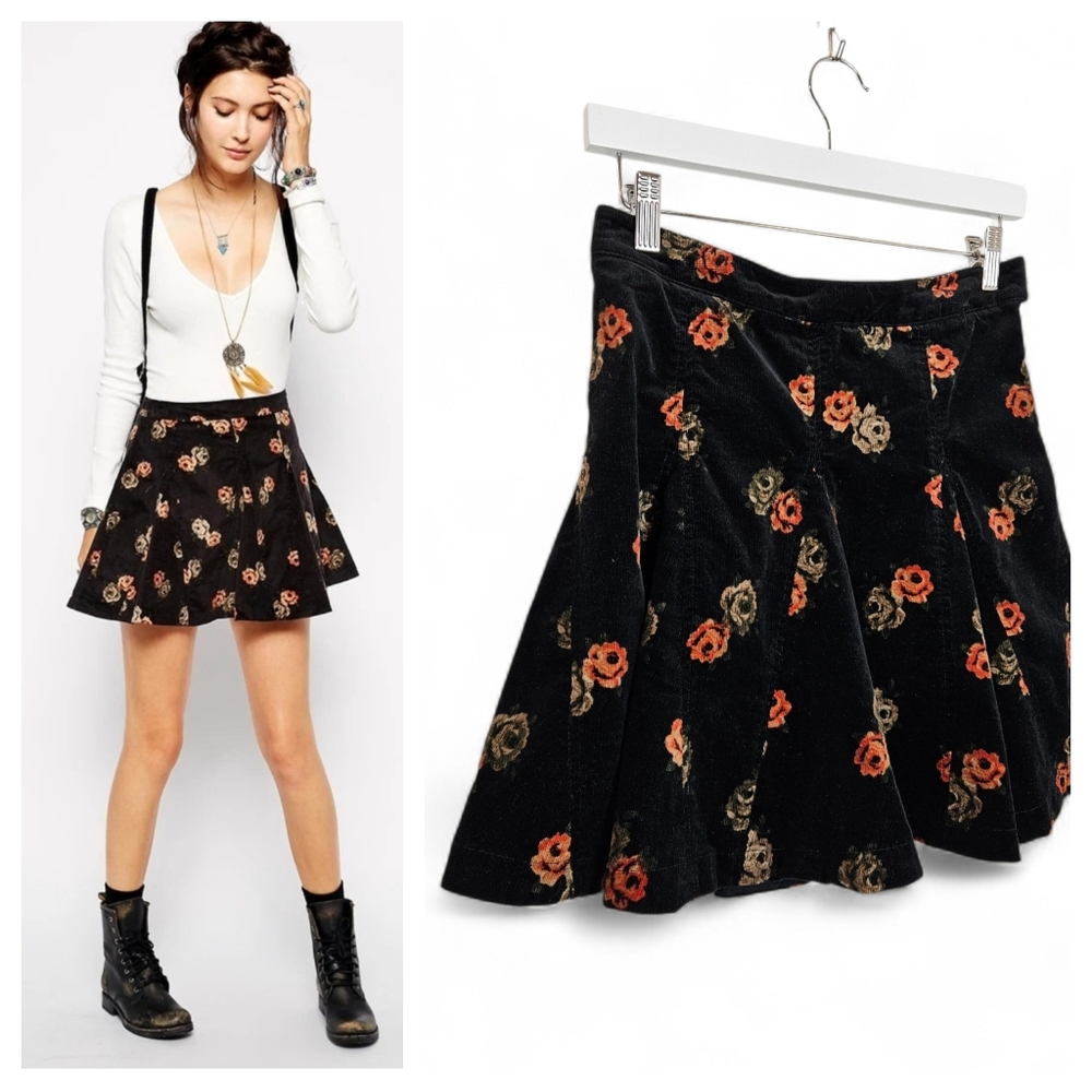 Free People Skirt 8 Good Day Sunshine Floral Stretch Corduroy A-Line Black